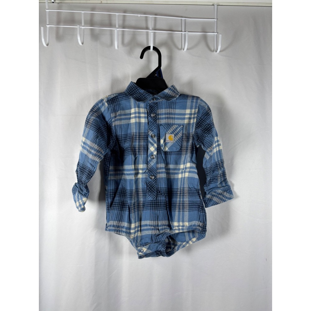 Carhartt Baby Boy Blue Plaid Flannel Long Sleeve Bodysuit 18M Workwear Shirt‎